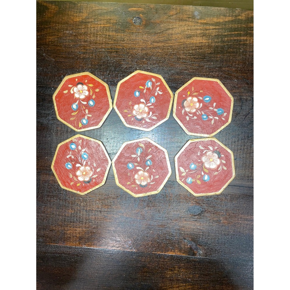 Set of‎ 6 Vintage Octagon Coasters Floral Hand wood Painted Red & Gold Decor